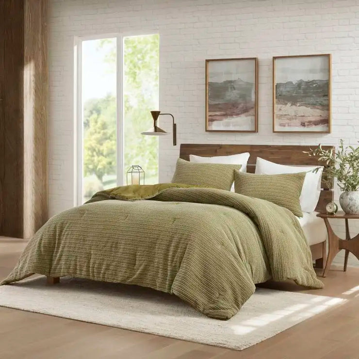 3 Piece Full Queen Waffle Washed Comforter Set