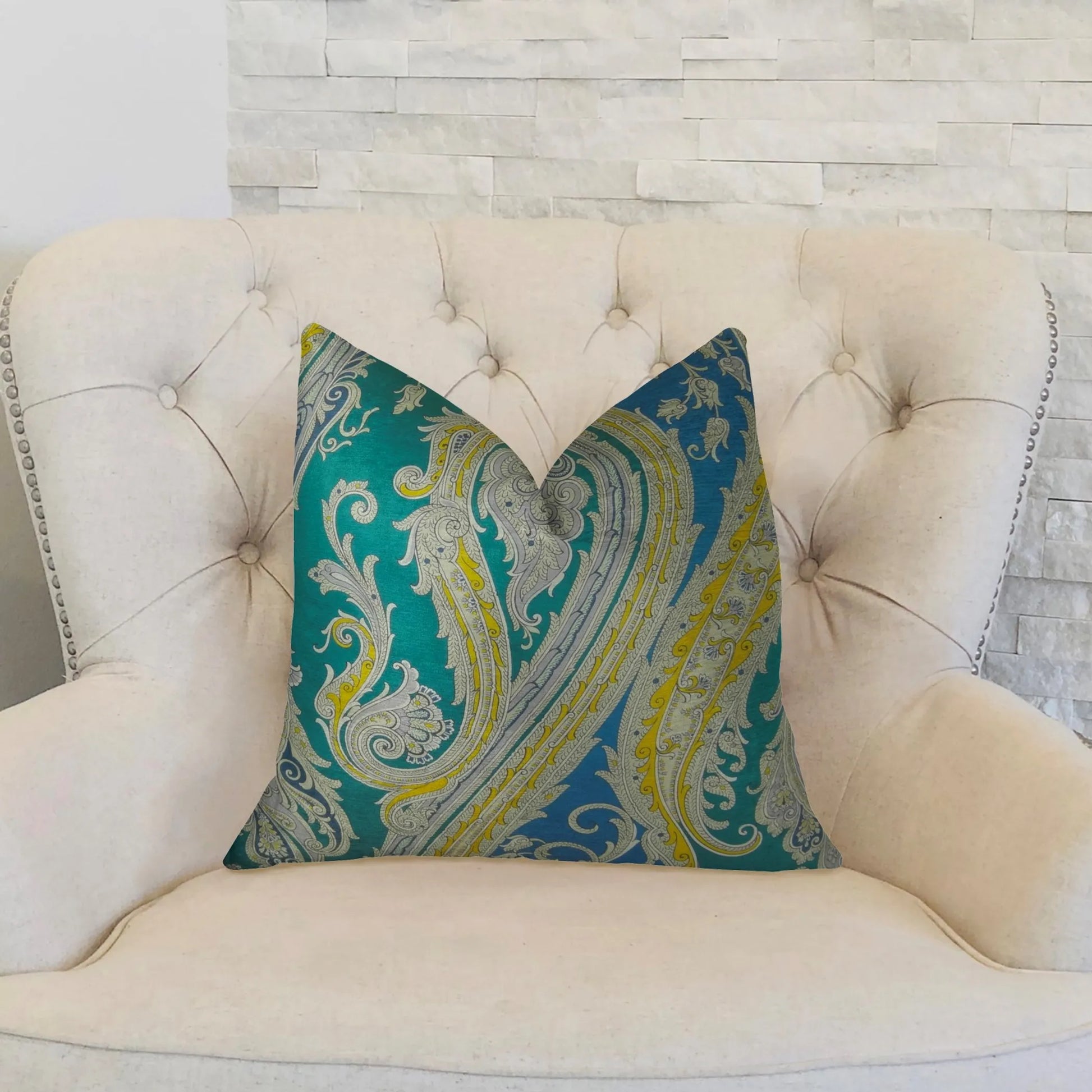 Plutus Annalise Blue Yellow and Green Handmade Luxury Pillow
