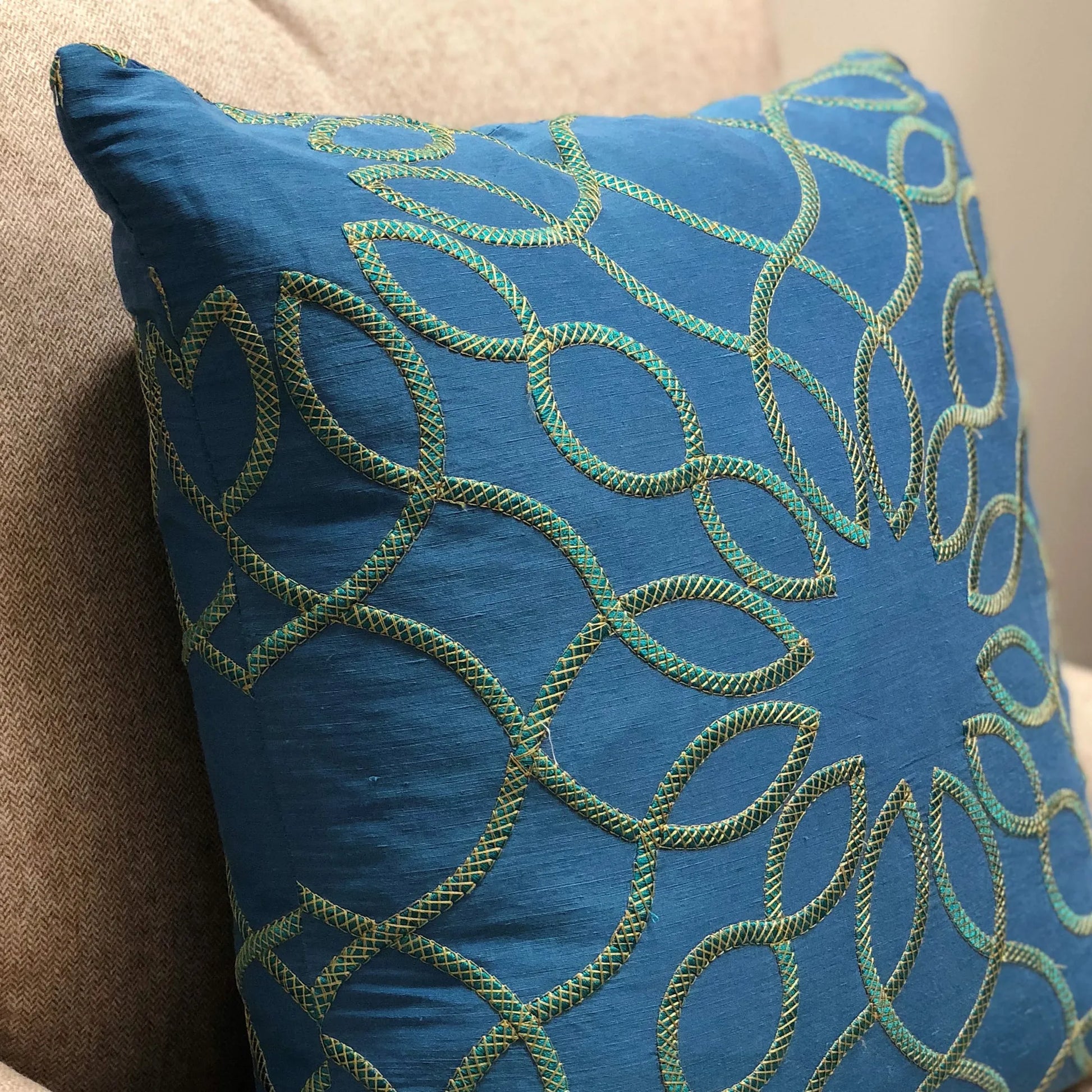 Plutus Calico Island Blue and Green Geometric Luxury Throw Pillow