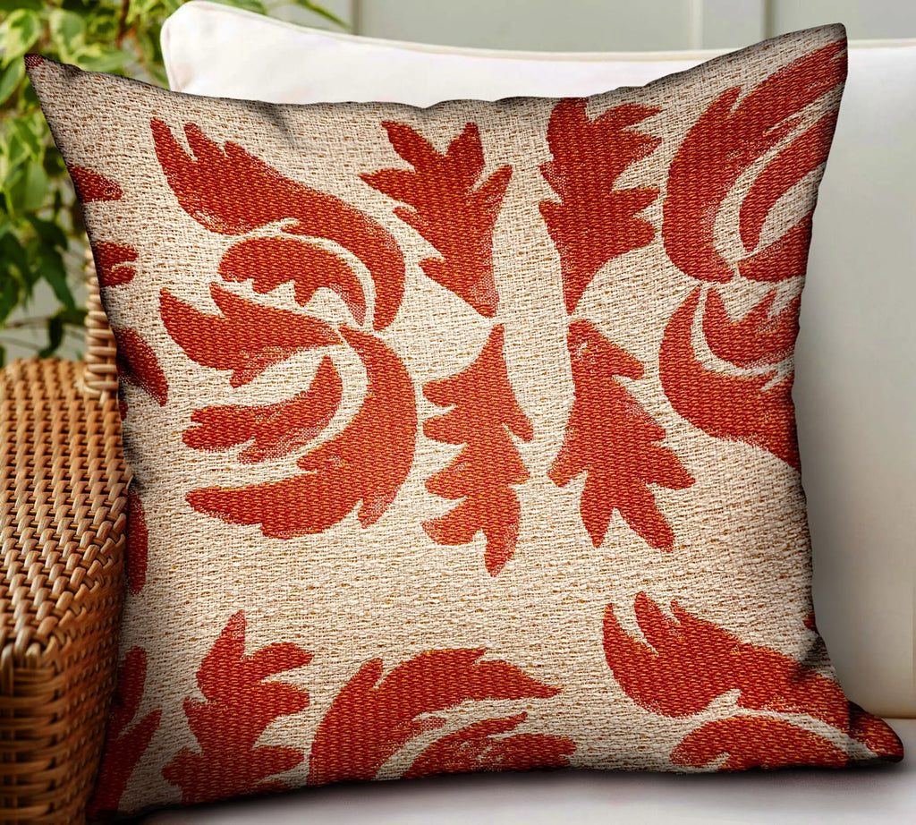 Plutus Claret Leaflet Orange Paisley Luxury Outdoor/Indoor Throw Pillow