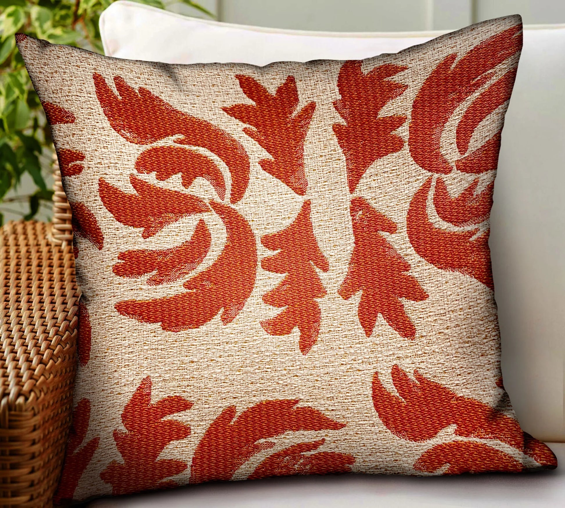 Plutus Claret Leaflet Orange Paisley Luxury Outdoor/Indoor Throw Pillow