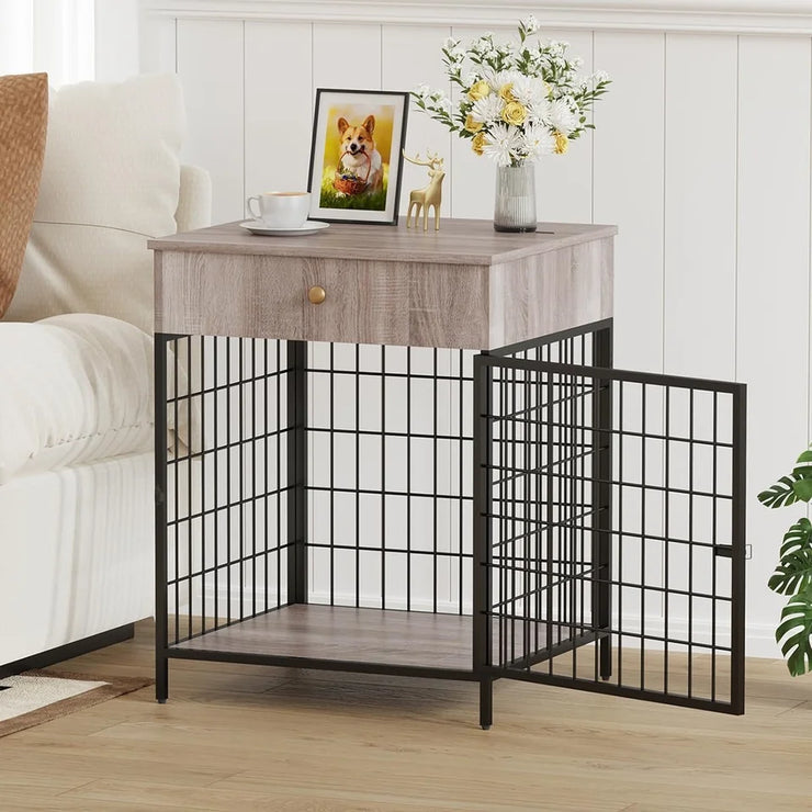 Elegant Dog Crate End Table with Storage Drawer