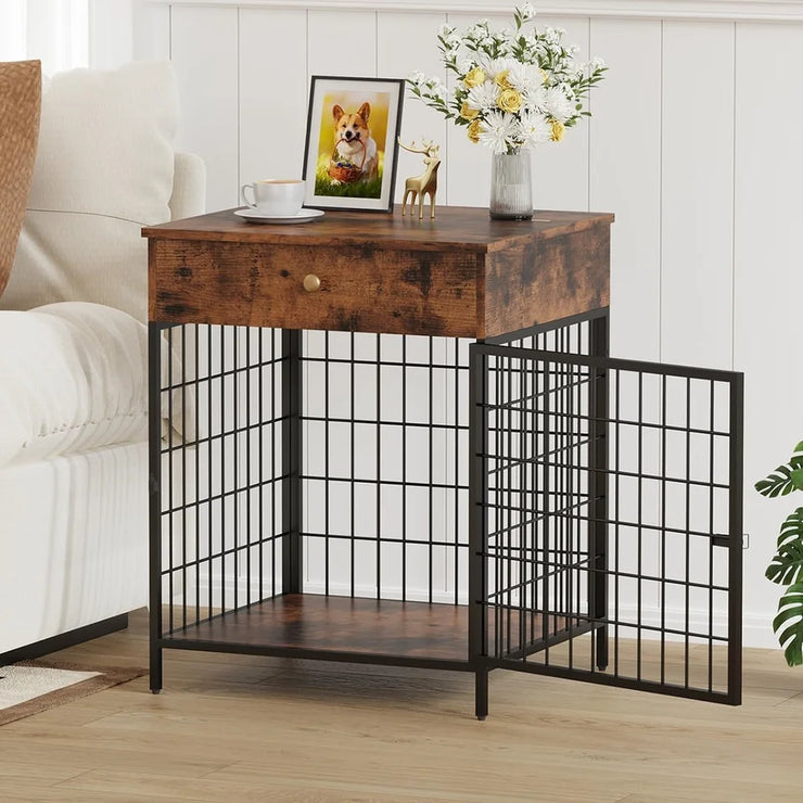 Elegant Dog Crate End Table with Storage Drawer