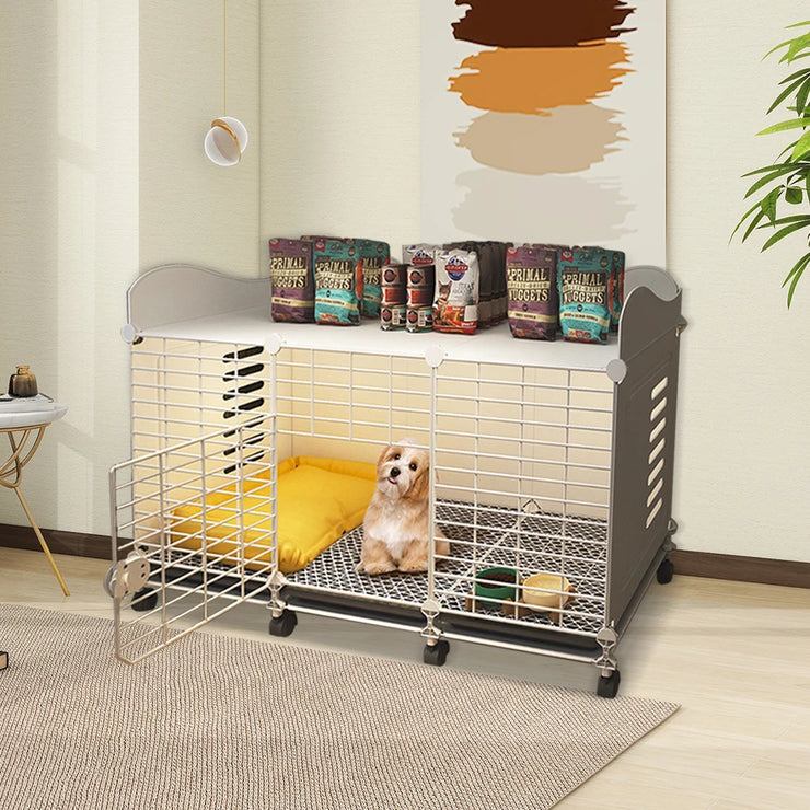 Stylish Dog Crate End Table with Wheels and Tray