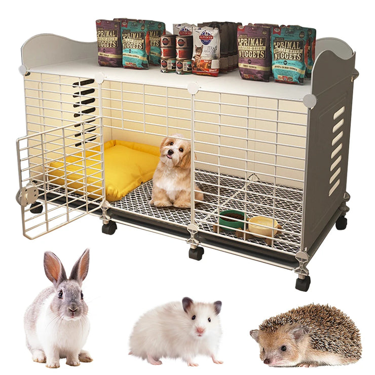 Stylish Dog Crate End Table with Wheels and Tray