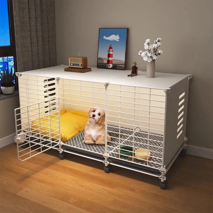 Stylish Dog Crate End Table with Wheels and Tray