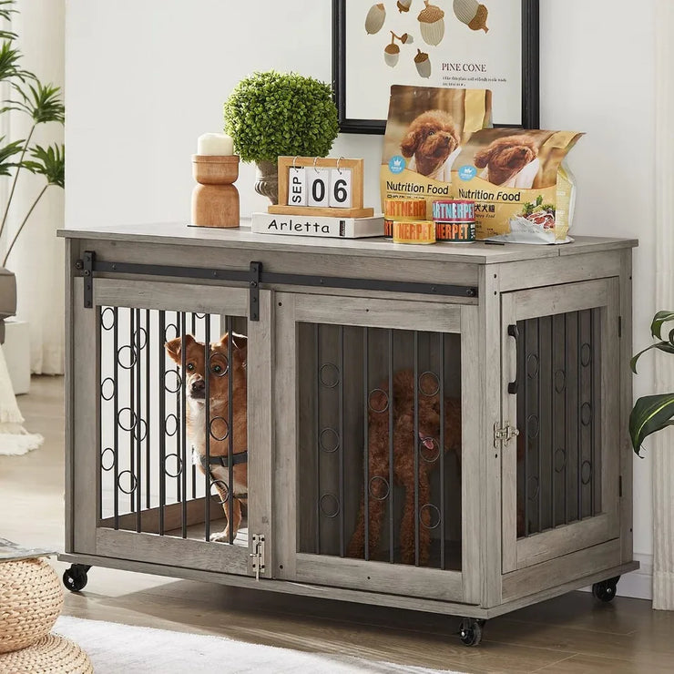 Wooden Dog Crate Furniture with Sliding Barn Door