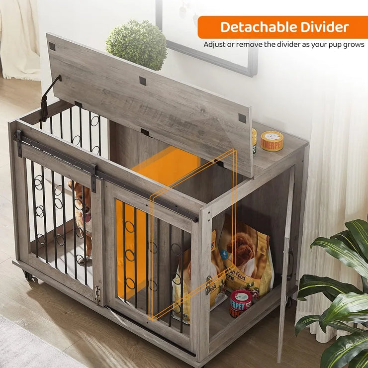 Wooden Dog Crate Furniture with Sliding Barn Door