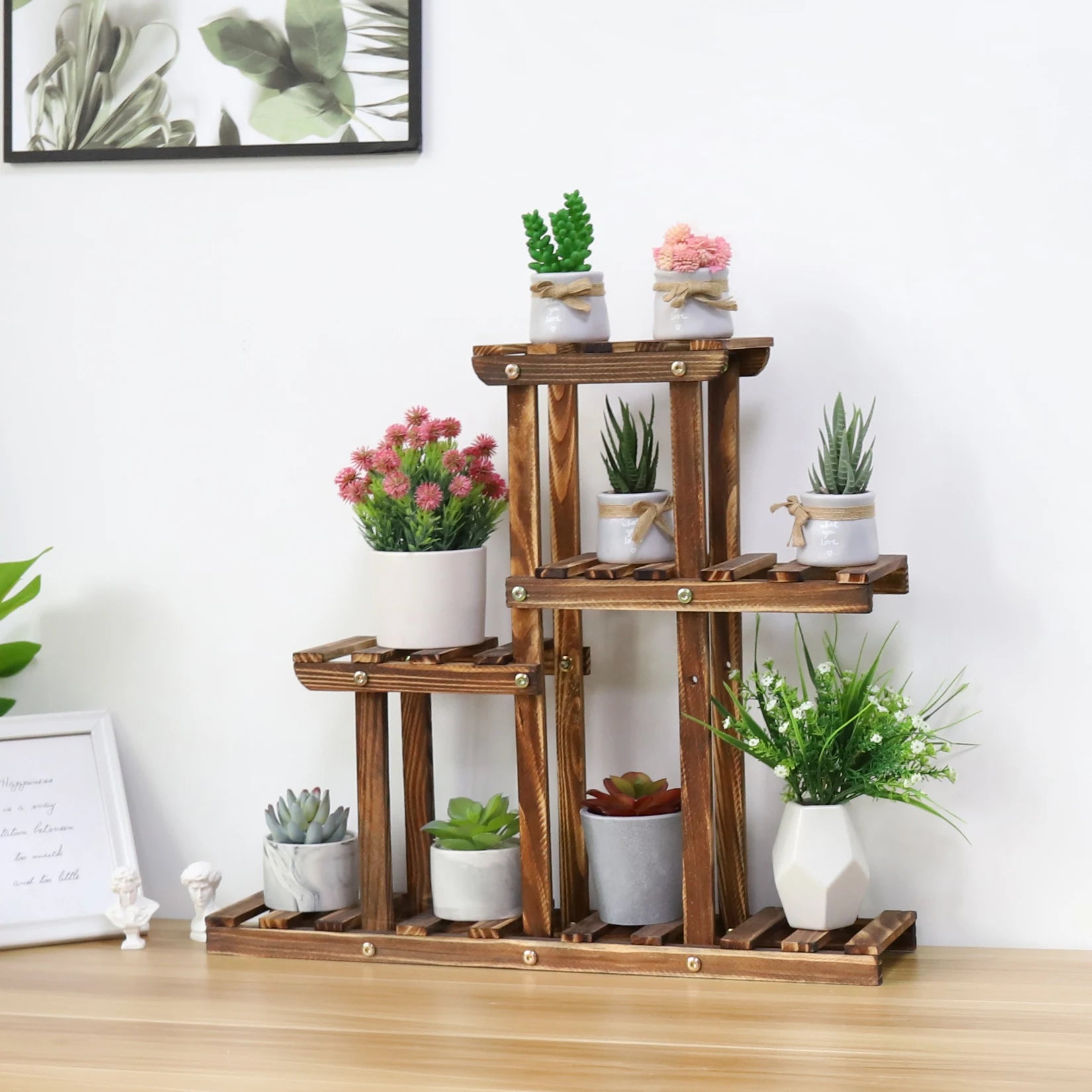 Carbonized Wood Multi-Tier Plant Stand for Balcony and Desktop