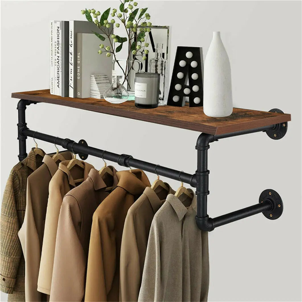 Wall-Mounted Industrial Pipe Clothing Rack with Wood Shelf