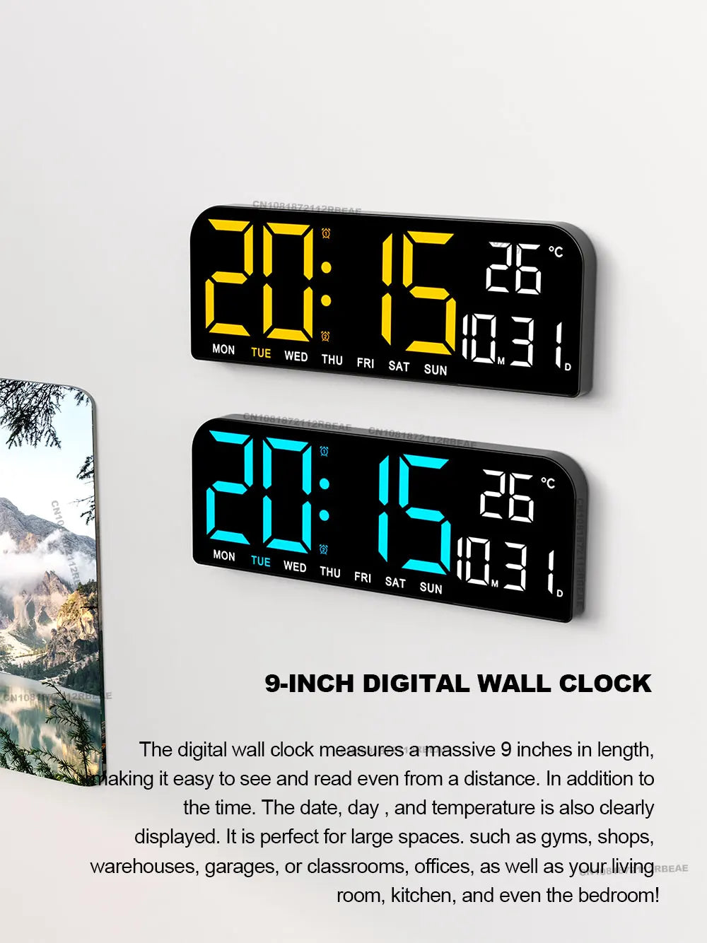 9.0-inch Large Digital Wall Clock with Temperature, Date, and Alarm - LED Display