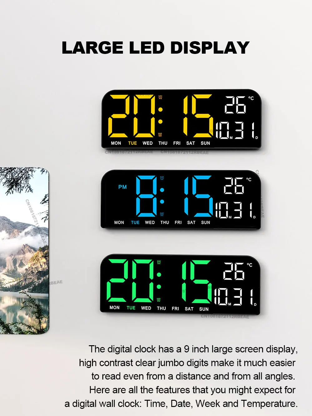 9.0-inch Large Digital Wall Clock with Temperature, Date, and Alarm - LED Display