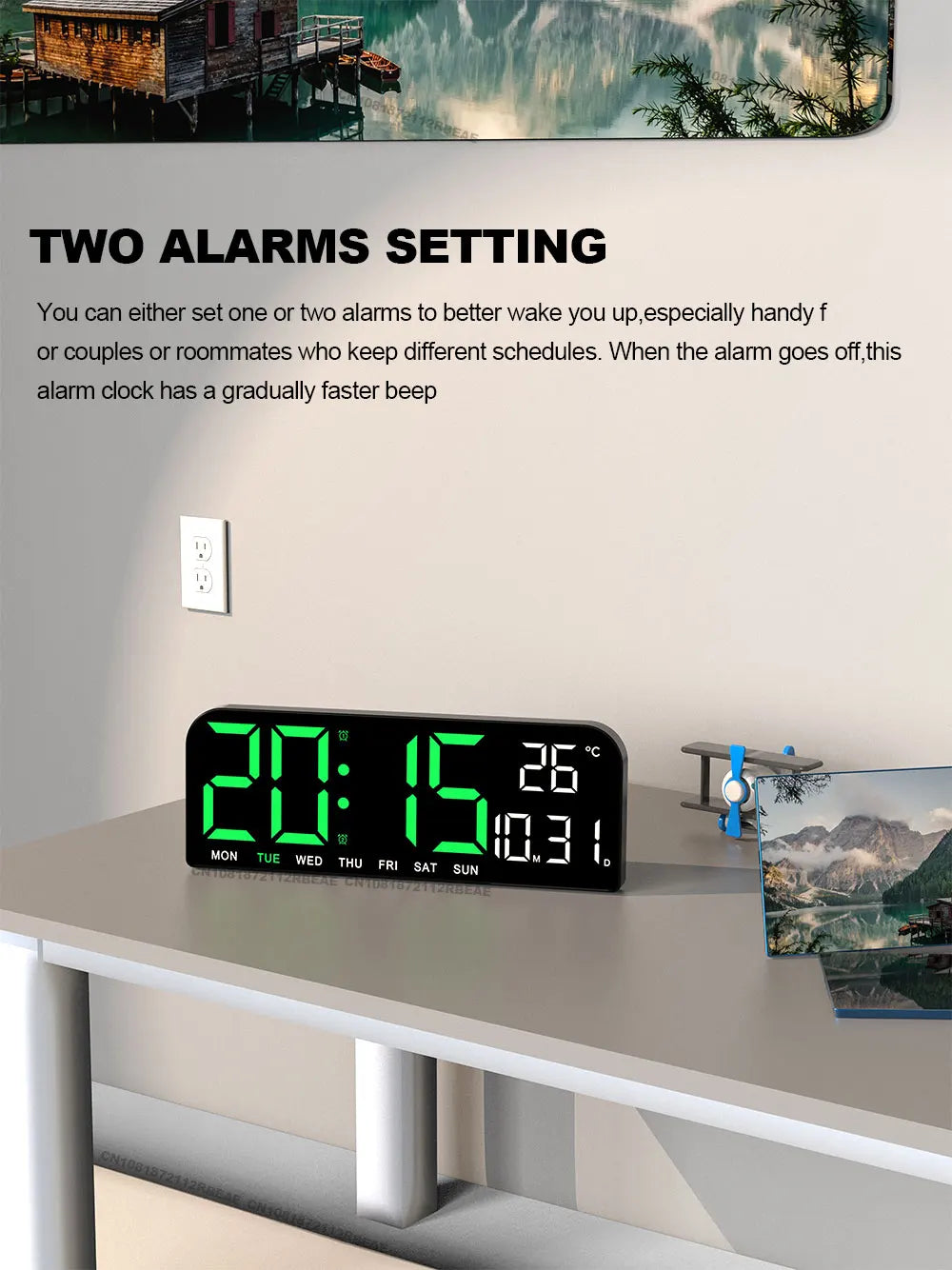 9.0-inch Large Digital Wall Clock with Temperature, Date, and Alarm - LED Display