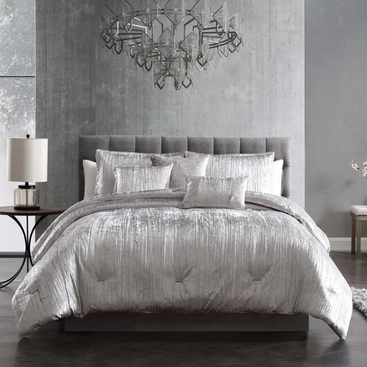 Turin Silver Crinkle Velvet Queen Bedding Set